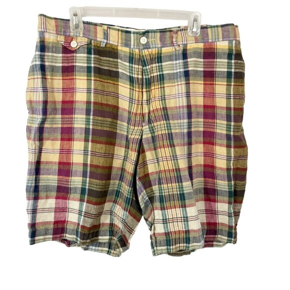 Polo Ralph Lauren Linen Plaid Flat Front Shorts Vintage Preppy - Size 36 - Picture 1 of 10